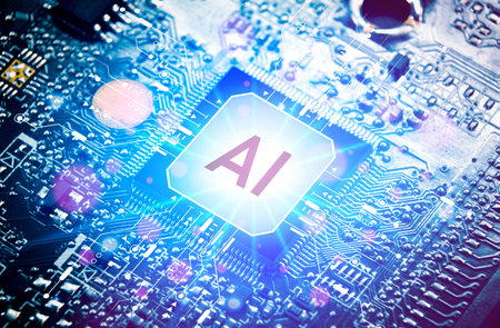 AI artificial intelligence concept, Close up of microprocessor with AI interface glowing on...