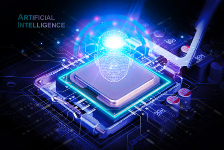 AI artificial intelligence concept, Close up of microprocessor on computer motherboard with...