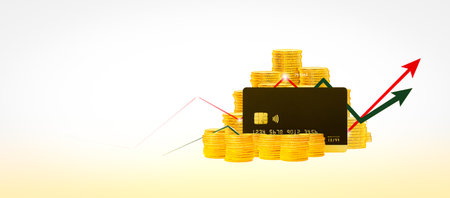 Conceptual image of credit card and stack of gold coins with arrow up on white background, copy space, Financial and credit card concept. 3D renderingの写真素材