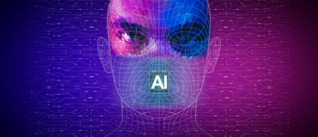 AI artificial intelligence concept, Close up of microprocessor with electronic circuit and robotic face interface in dark background, Futuristic innovative technologies. 3D renderingの写真素材