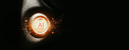 Ai, Artificial Intelligence, start button with electronic circuit pattern on black background, panoramic banner with copy space for text, Machine Learning and Future Technology Concept.の写真素材