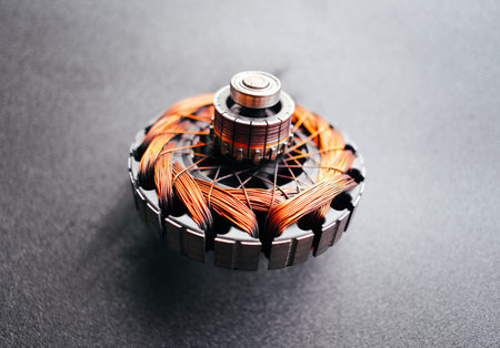 Close up of old rotor with copper wire of car electric motor , Car parts concept