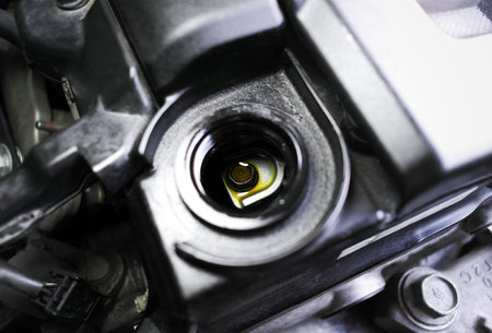 Close up inside a engine oil filler vent of a car engine in engine compartment , Car maintenance...