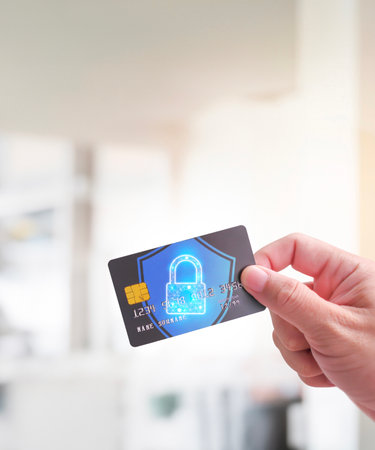 Close up of man hand holding credit or debit card with padlock, protection of financial transactions...