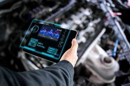 Car mechanic checking ECU electronic control unit with OBD or OBD2 wireless scanner tool , car...