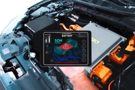 Car technician is checking SOH state of health of battery with a wireless scanner tools for electric...