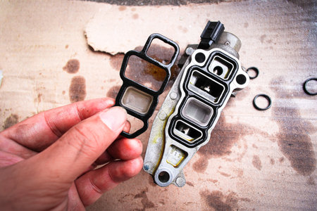 A mechanic is replacing a worn out rubber seal to repair a car engine part , Car repair concept