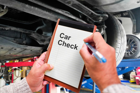 Car check inspection in automotive workshop by employee , auto mechanic taking note to notebook for check car mileage , Car maintenance conceptの写真素材