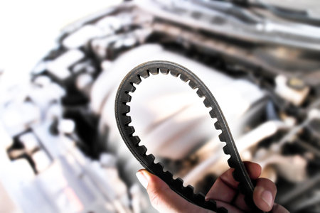 Close up of timing belt of automotive engine in a auto mechanic hand , Automotive spare parts...