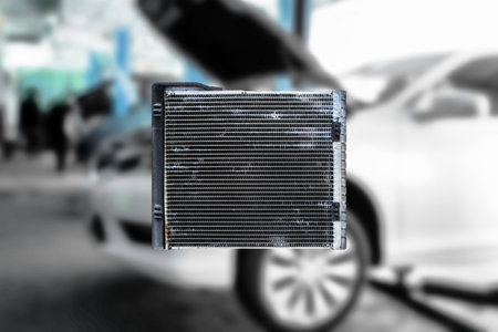 Cooler evaporator worn, A closeup of a car air conditioning condenser or evaporator, a key component for the vehicle cooling system, with a blurred car in the background.の写真素材