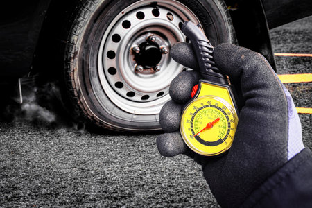 Tire Pressure Check, Auto mechanic wearing a glove checks a car tire air pressure with a yellow...