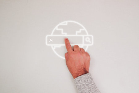 AI Global Search Concept, Harness the power of Artificial Intelligence. A hand interacts with a...