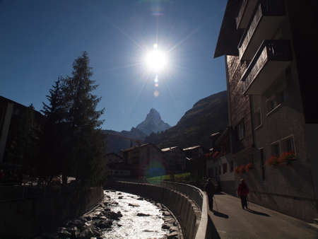 Zermatt with the Matterhorn in the back lightの写真素材