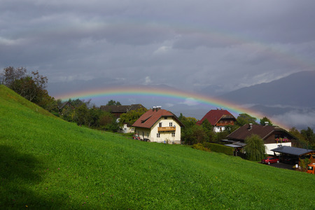 double rainbow in the Alpsの写真素材