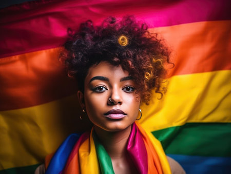 Beautiful lesbian model and a rainbow flag at gay pride, LGBTQ colors flag. Love, freedom, support ,banner fort pride month, created with generative aiの素材