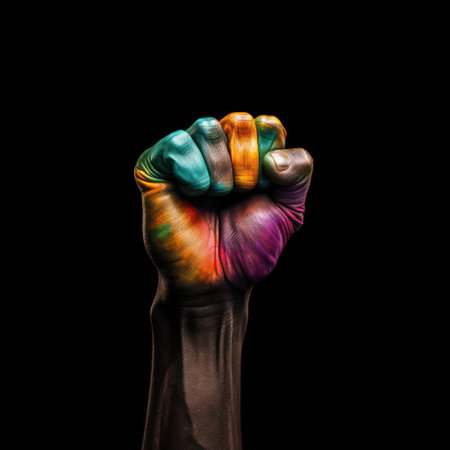 A raised fist colored with the rainbow color for lgbtq community black background,generative AIの素材