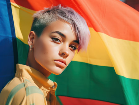 Beautiful lesbian model and a rainbow flag at gay pride, LGBTQ colors flag. Love, freedom, support ,banner fort pride month, created with generative aiの素材