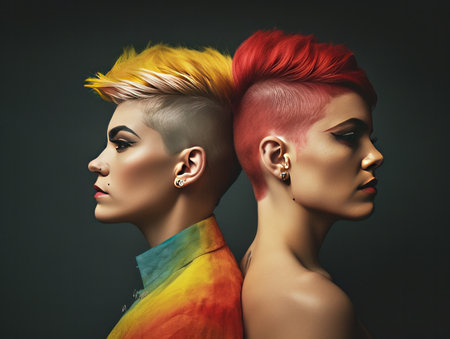 LGBTQ Couple , pride month rainbow flag colors, portrait of happy attractive gay couple, cheerful people with colorful hair, generative AIの素材