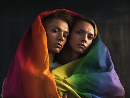LGBTQ Couple , pride month rainbow flag colors, portrait of happy attractive gay couple, generative AIの素材