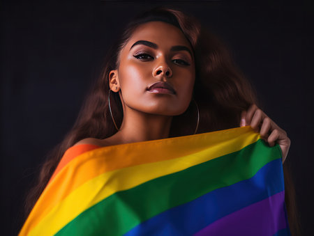 Beautiful lesbian model and a rainbow flag at gay pride, LGBTQ colors flag. Love, freedom, support ,banner fort pride month, created with generative aiの素材