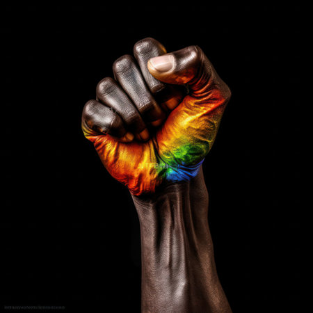 A raised fist colored with the rainbow color for lgbtq community black background.の素材
