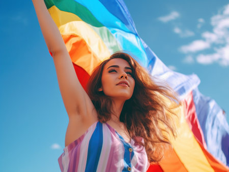 Beautiful lesbian model and a rainbow flag at gay pride, LGBTQ colors flag. Love, freedom, support ,banner fort pride month, created with generative aiの素材