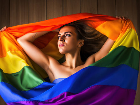 Beautiful lesbian model and a rainbow flag at gay pride, LGBTQ colors flag. Love, freedom, support ,banner fort pride month, created with generative aiの素材