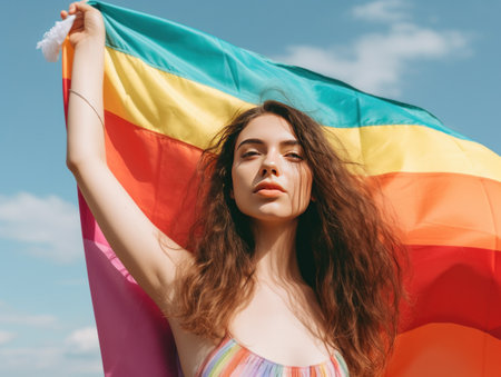 Beautiful lesbian model and a rainbow flag at gay pride, LGBTQ colors flag. Love, freedom, support ,banner fort pride month, created with generative aiの素材