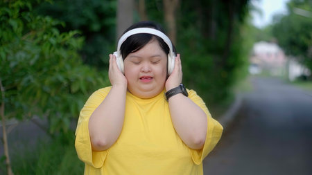Happy asian girl with down syndrome in headphones and sing while exercising in the park.の写真素材