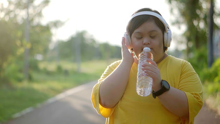 While exercising in the park, an Asian girl with down syndrome uses a water bottle as a microphone.の写真素材