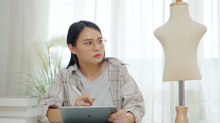 Women designer look to the puppet and use tablet write the details to her work. Startup fashion designer concept.の写真素材