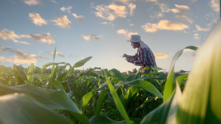 Asian farmer is examining cornleaves plants in sunset..Concept of agriculture. Business Farm.の写真素材