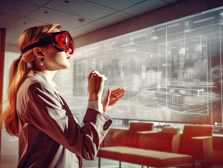 Professional female architect using VR AR  technology  Reality work with blueprint .created with Generative AIの素材