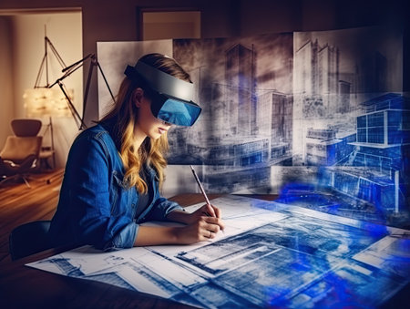 Professional female architect using VR AR  technology  Reality work with blueprint .created with Generative AIの素材