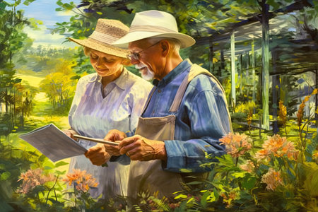 Happy senior couple retired , Paint drawing art , garden outdoor,Generative AIの素材