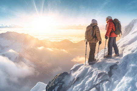 Happy senior couple retired , Climbing sport mountain ,mountain snow cold weather background view , morning sun,Generative AIの素材