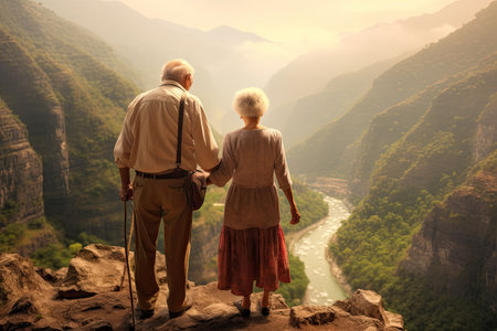 Happy senior couple retired , mountain spin ,mountain waterfall background view , morning sun ,Generative AIの素材