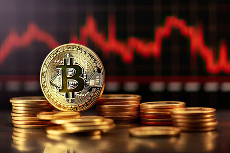 Bitcoin is a gold coin and a defocused graphics background. Generative AI .の素材
