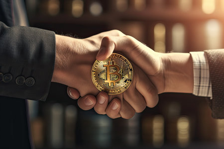 Bitcoin is a gold coin and a close up shake hands successful background. Generative AI .の素材