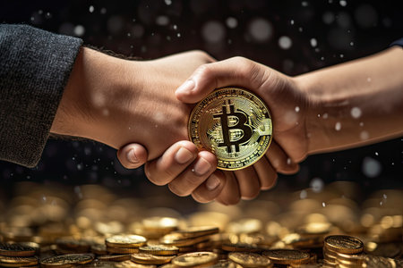 Bitcoin is a gold coin and a close up shake hands successful background. Generative AI .の素材