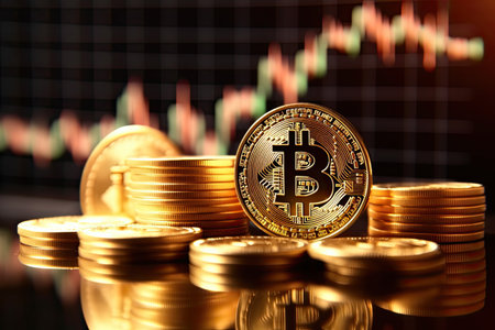 Bitcoin is a gold coin and a defocused graphics background. Generative AI .の素材