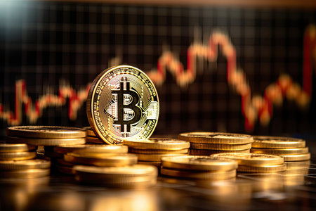Bitcoin is a gold coin and a defocused graphics background. Generative AI .の素材