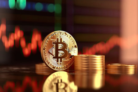 Bitcoin is a gold coin and a defocused graphics background. Generative AI .の素材