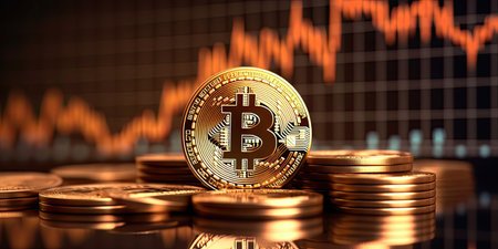 Bitcoin is a gold coin and a defocused graphics background. Generative AI .の素材