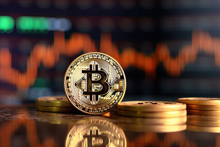 Bitcoin is a gold coin and a defocused graphics background. Generative AI .の素材