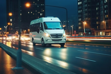 Cargo van moving fast on the road to city suburb. Busines logistics express service. Generative AI .の素材