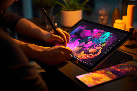 Close up hand Graphic designer using a graphics tablet ,Generative AI.の素材
