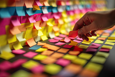 Businesswoman writing on adhesive note in office, Extreme Close Up Generative AI.の素材