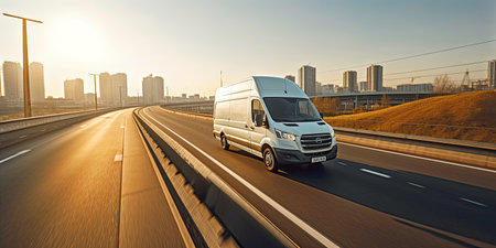 Cargo van moving fast on the road to city suburb. Busines logistics express service. Generative AI .の素材