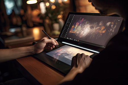 Close up hand Graphic designer using a graphics tablet ,Generative AI.の素材